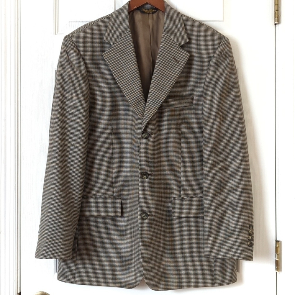 Brooks Brothers Preppy Classic Fit Houndstooth Worsted Wool Blazer Jacket Tan 40